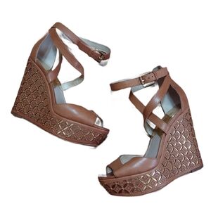 Michael Kors Gabriella Brown And Gold Wedge Sandals Women's Size 8
